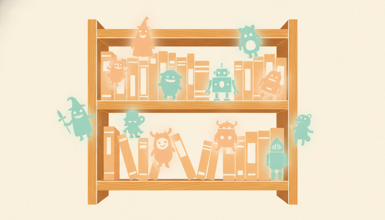 Editorial illustration of a lumiclay character library with glowing silhouettes floating off the spines